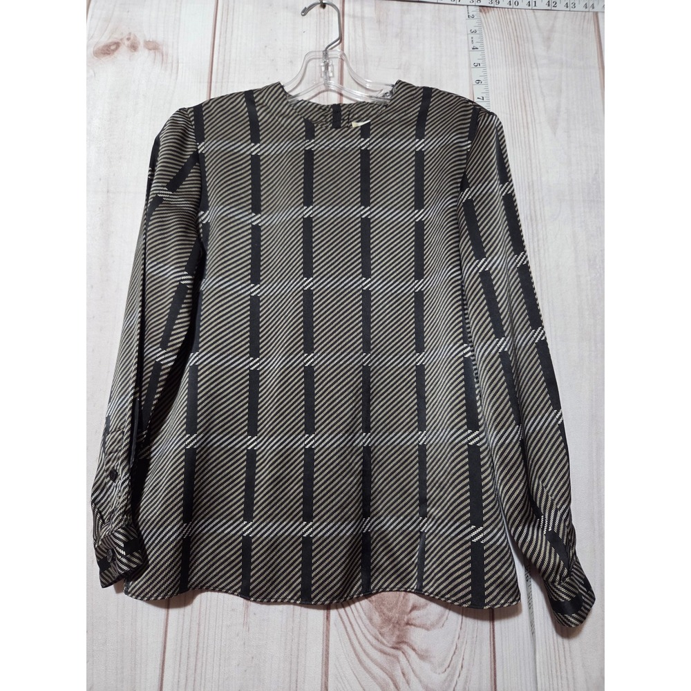 Kasper for A.S.L. Petite Blouse Black Cream Geometric Satin Long Sleeve Size 2P